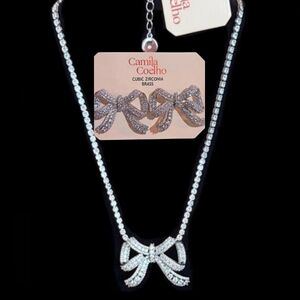 🩶🔹️ Camila Coelho🔹️ Beautiful Cubic Zirconia Silver Bow Necklace Earring Set